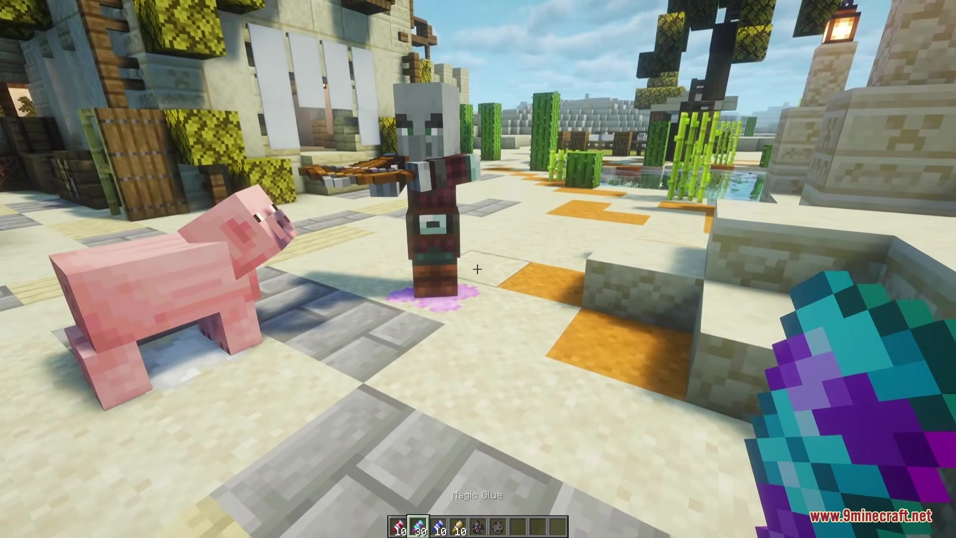 Glued Reborn Mod Screenshot 2 Player uses magic glue to stick a pillager and a pig in place