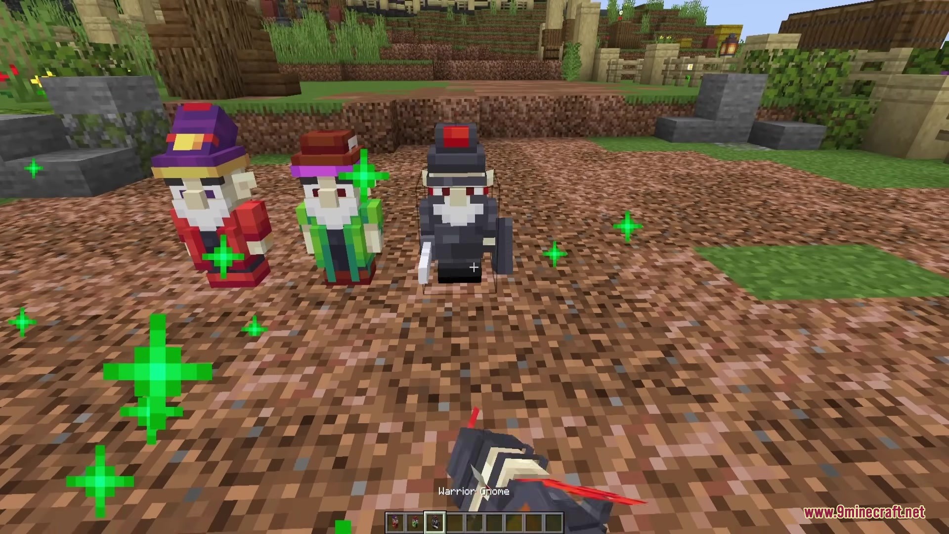 Gnyfty Gnomes Mod Screenshot 2 Three gnome mobs including a warrior standing together in a village setting