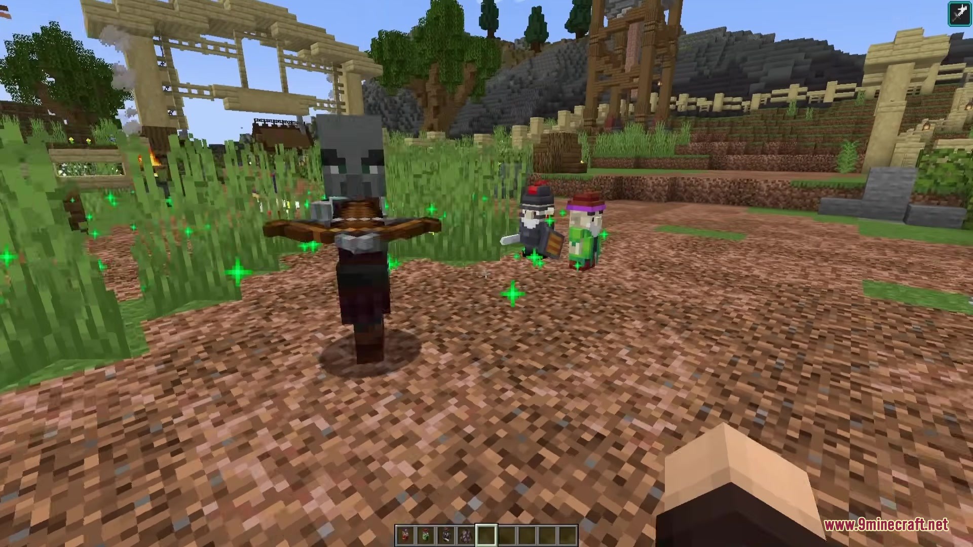 Gnyfty Gnomes Mod Screenshot 4 A pillager with a crossbow standing in front of two small protector gnomes