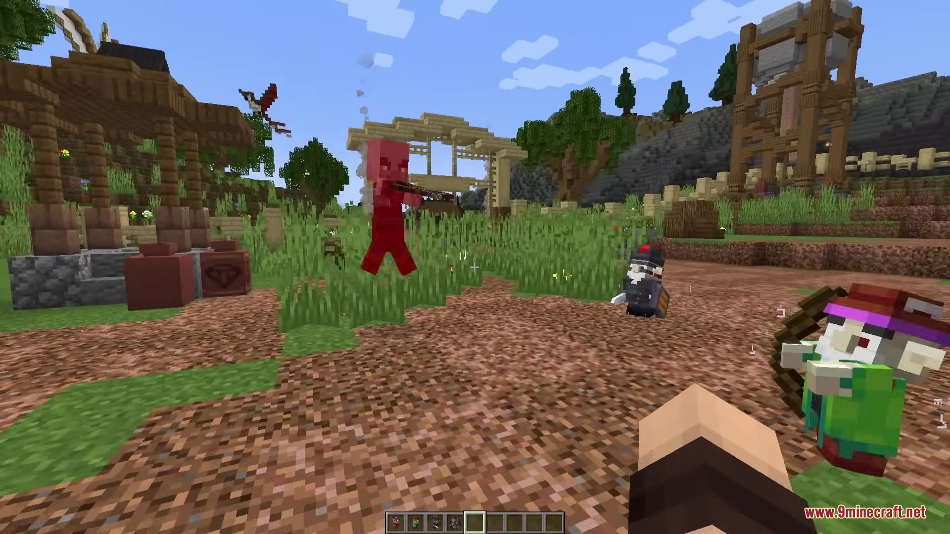 Gnyfty Gnomes Mod Screenshot 6 Gnyfty Gnomes fight a Pillager with a bow and shield in Minecraft