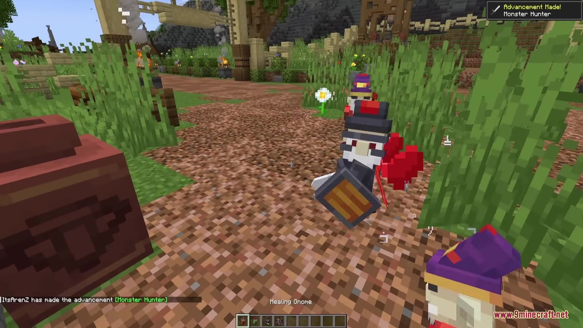 Gnyfty Gnomes Mod Screenshot 8 Healing and warrior gnomes protecting the player in a village setting
