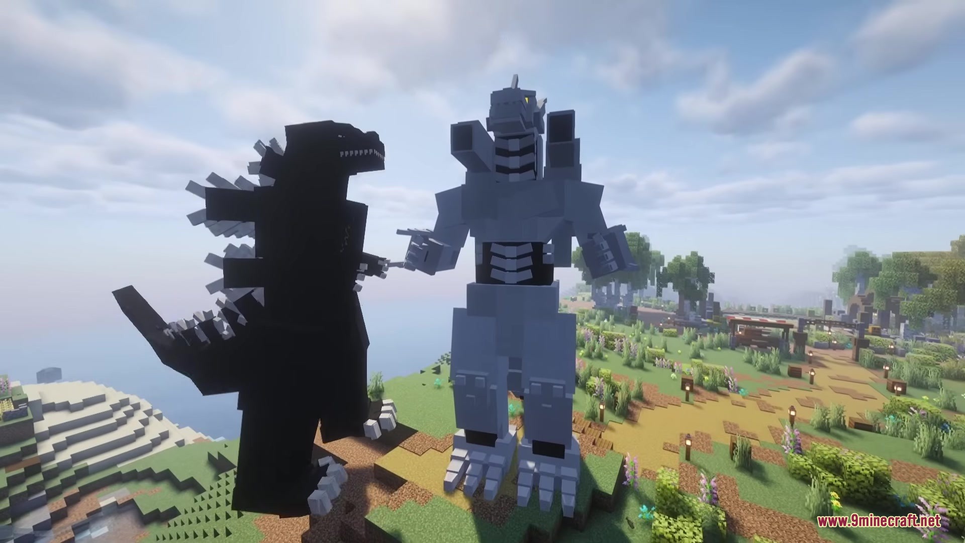 Godzilla Reborn Mod Screenshot 1 Giant Godzilla and Mechagodzilla models standing in a scenic Minecraft world