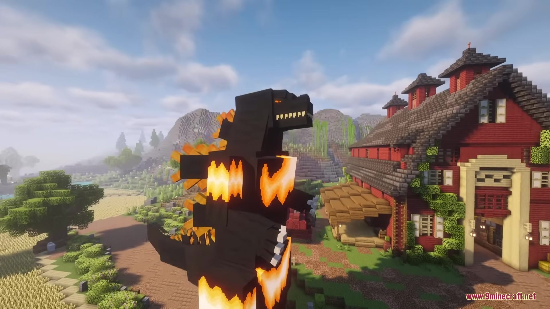 Godzilla Reborn Mod Screenshot 3 Godzilla Reborn Mod features a giant burning monster next to a red barn