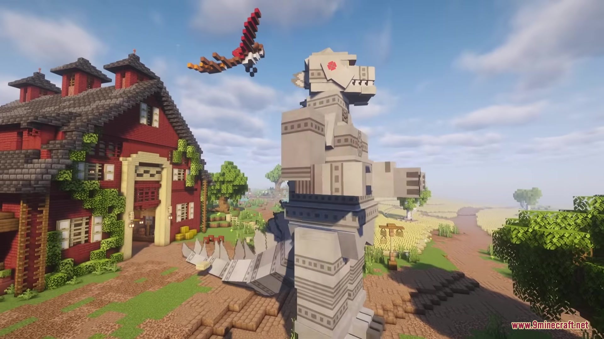 Godzilla Reborn Mod Screenshot 4 Mechanical Godzilla stands near a red barn with a flying monster above