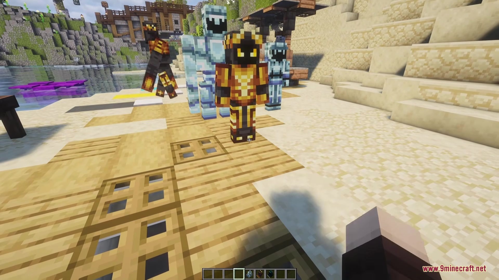 Golem Magicka Mod Screenshot 1 Various humanoid golems from Golem Magicka standing on a wooden platform