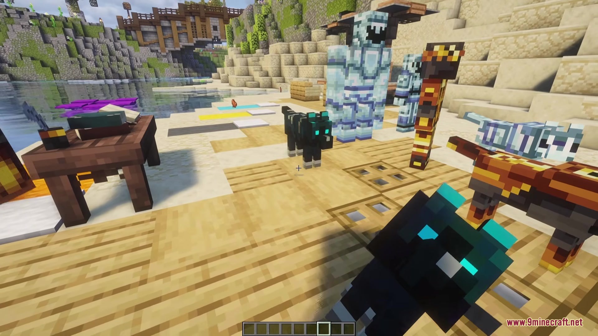 Golem Magicka Mod Screenshot 2 Black dogs with glowing blue eyes standing near golems on a sandy beach