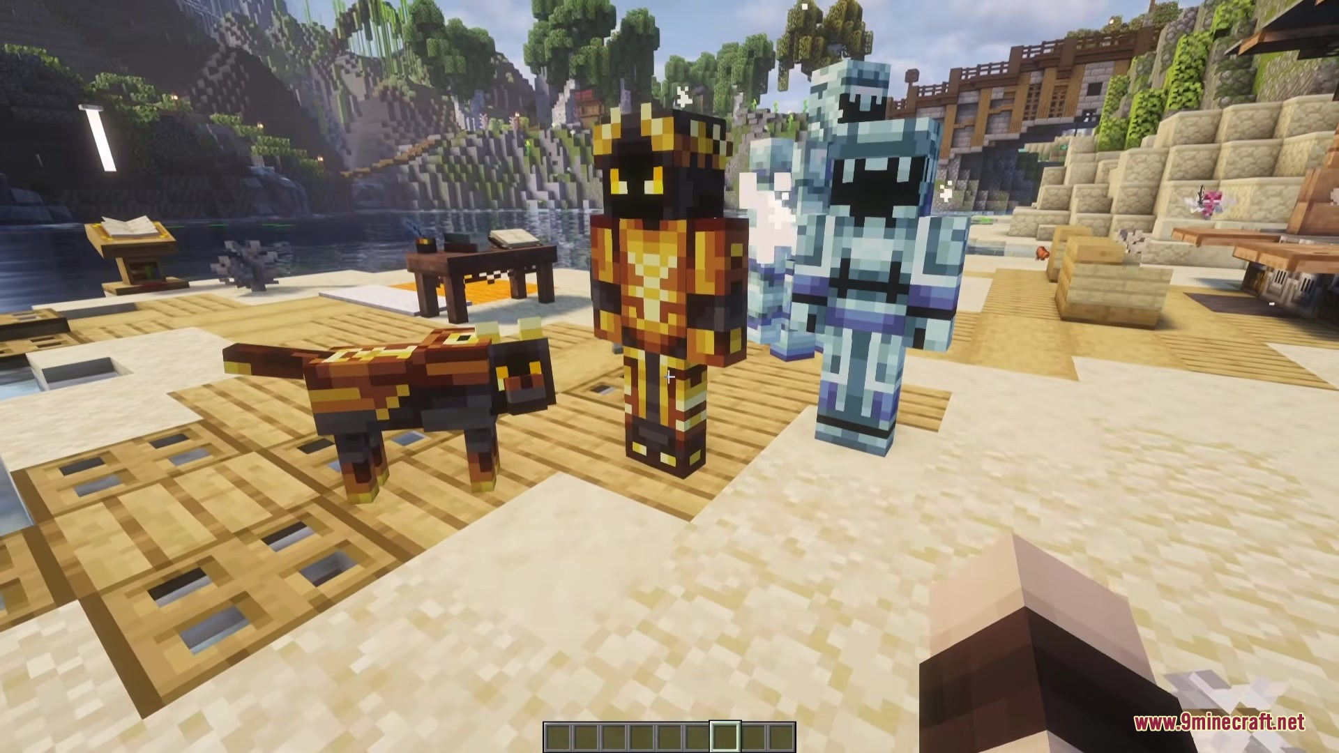 Golem Magicka Mod Screenshot 3 Gold and blue humanoid golems standing next to a horned magical dog creature