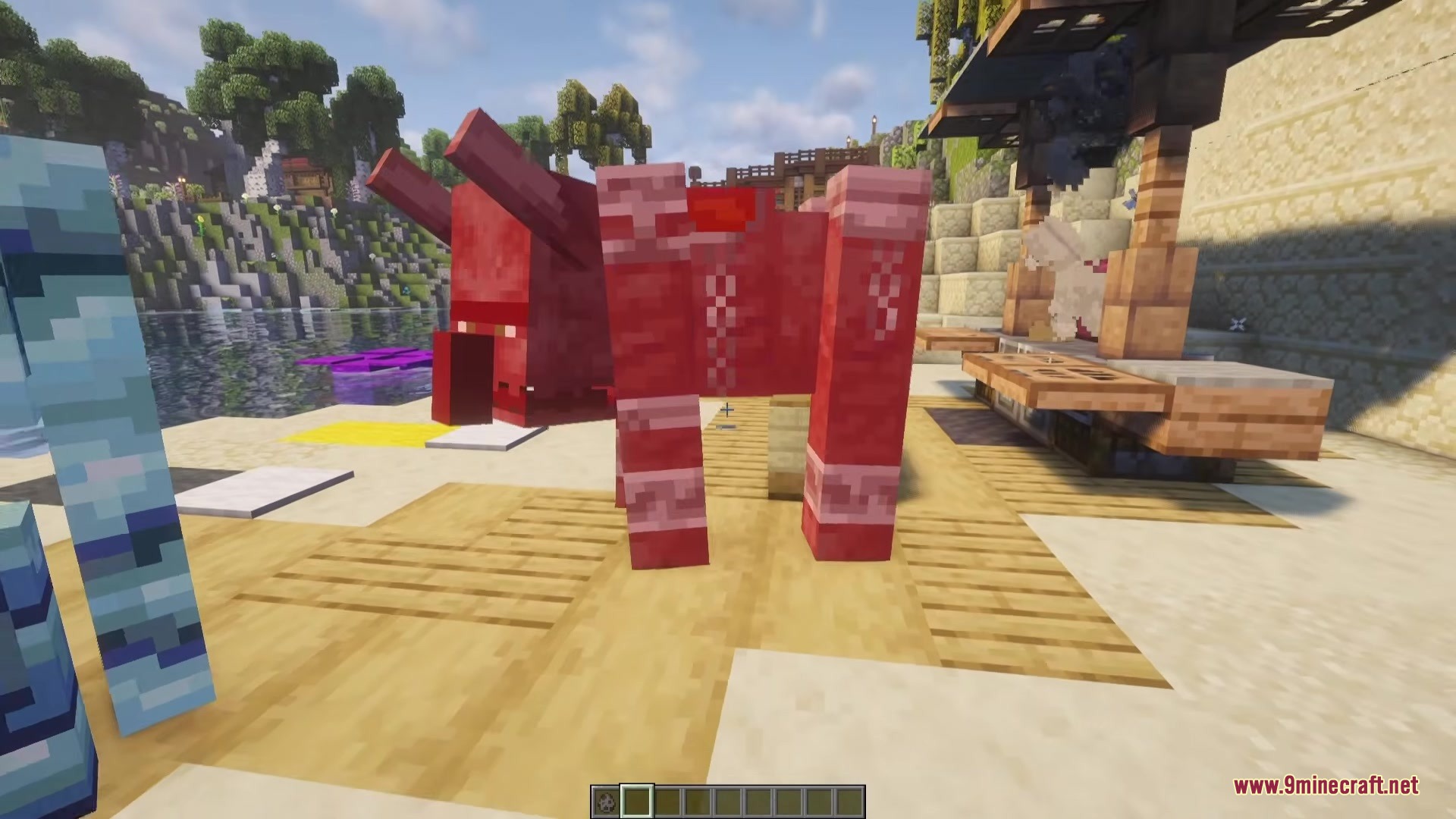 Golem Magicka Mod Screenshot 4 A large red ravager golem with horns standing on a sandy beach area
