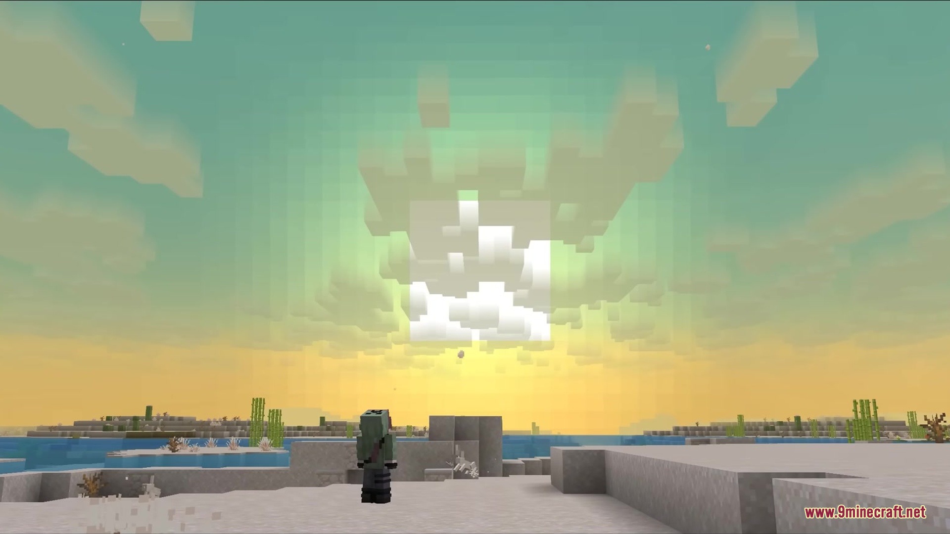 Gradient Clouds Resource Pack Screenshot 1 A player in a desert biome looks at the sunset and gradient clouds