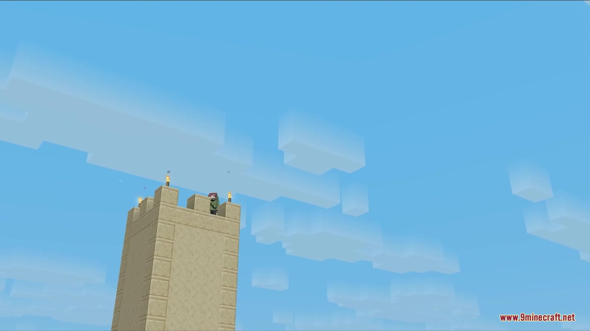 Gradient Clouds Resource Pack Screenshot 2 A player stands on a sandstone tower under soft blocky clouds