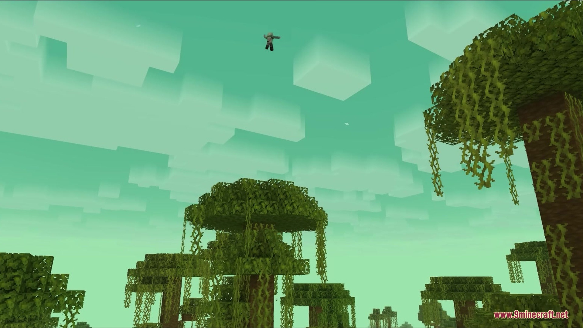 Gradient Clouds Resource Pack Screenshot 3 A figure floats in the sky above a jungle under soft blocky clouds