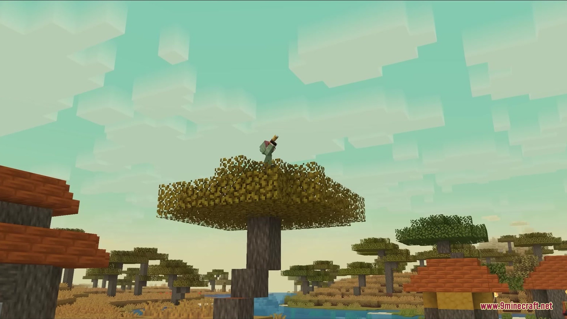 Gradient Clouds Resource Pack Screenshot 4 A small character stands on a tree overlooking a village with gradient clouds