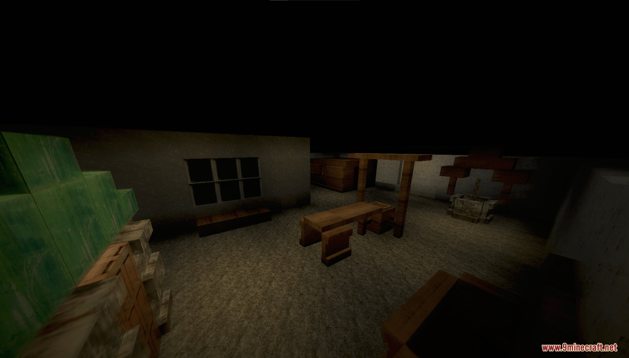 Grannys House Map Screenshot 3 Dark interior room with wooden furniture and a barred window