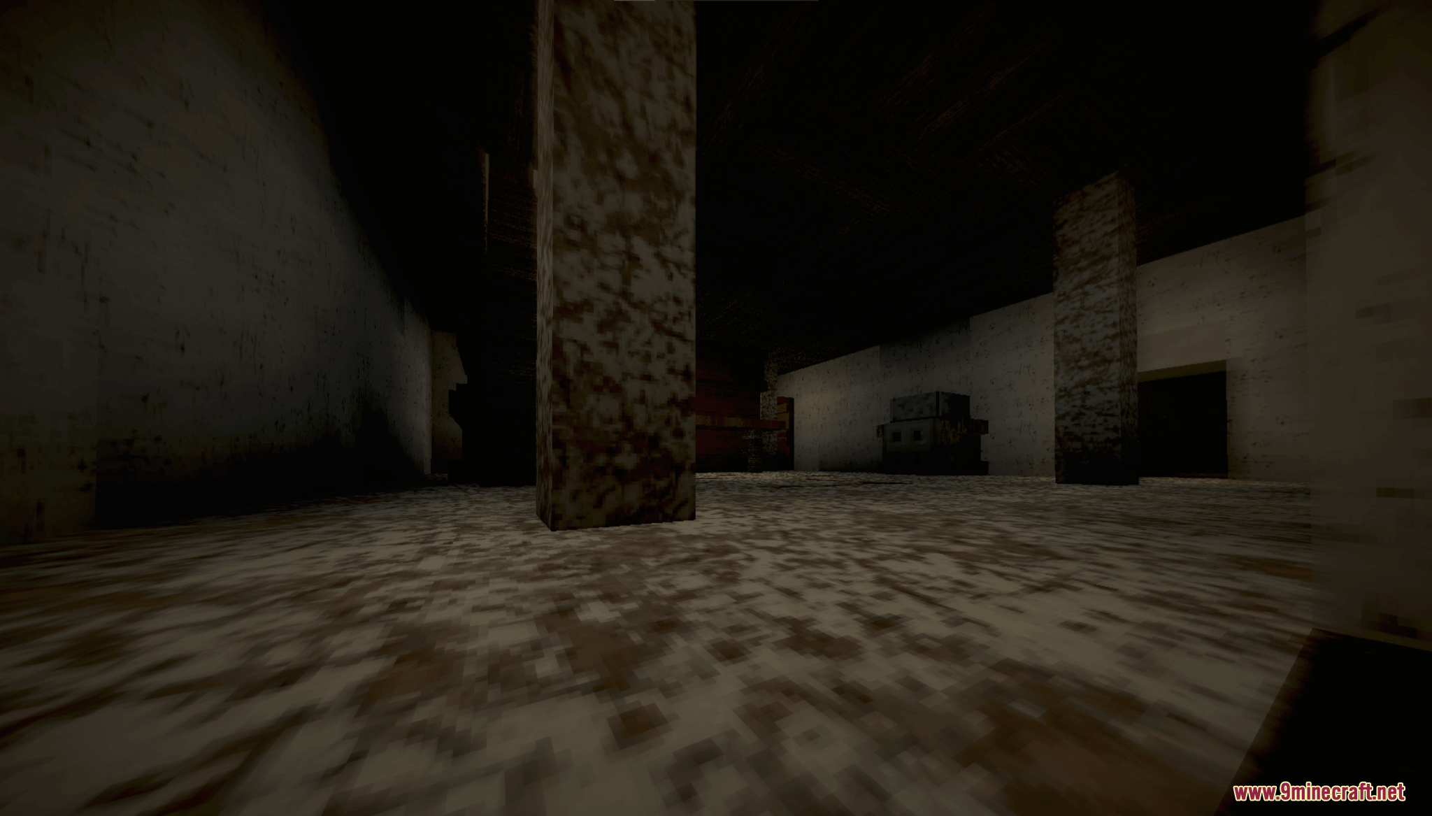 Grannys House Map Screenshot 6 Stone pillars stand in a dark and gloomy room within the horror map