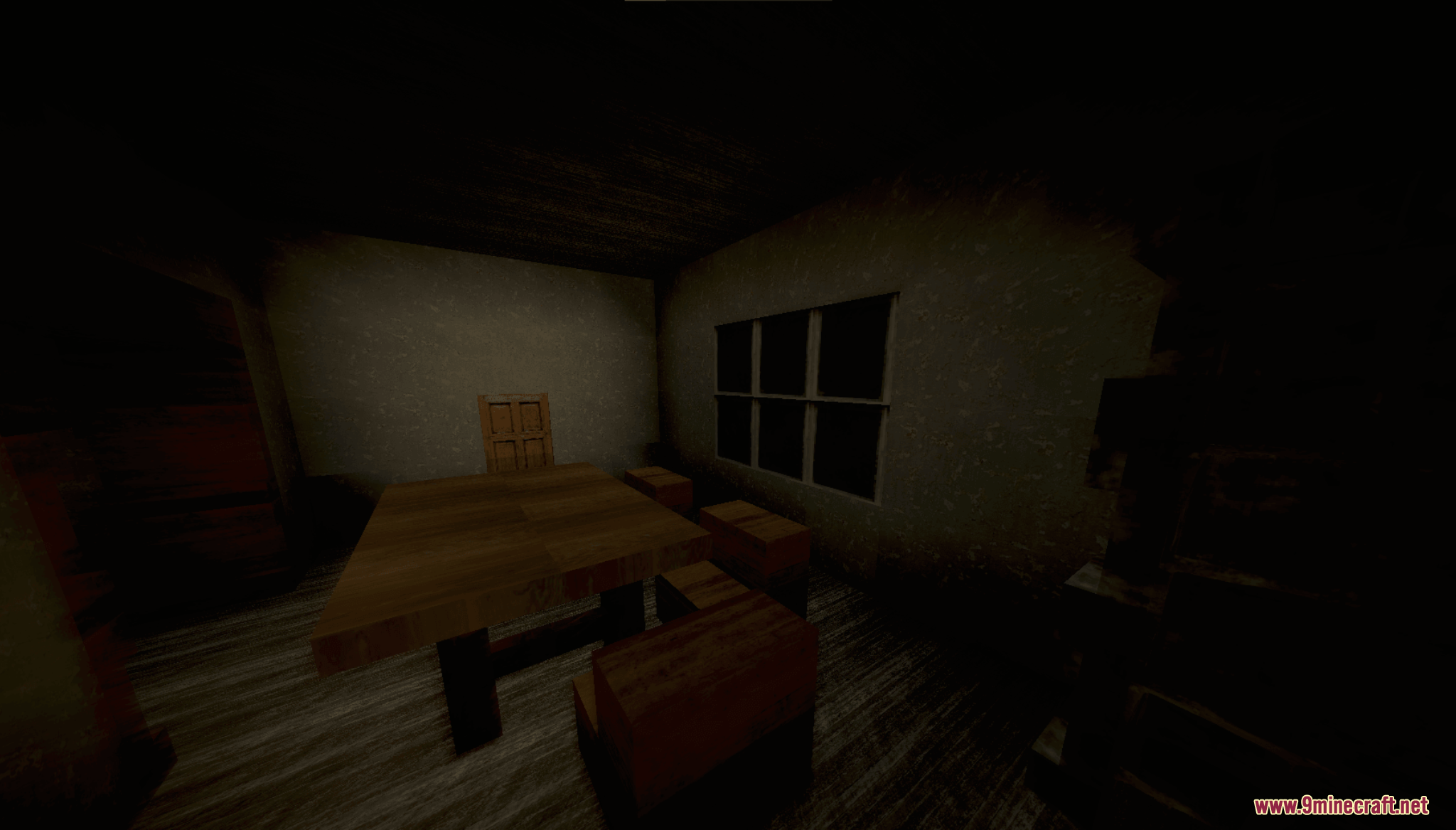 Grannys House Map Screenshot 7 A dimly lit dining room with a wooden table inside Grannys House
