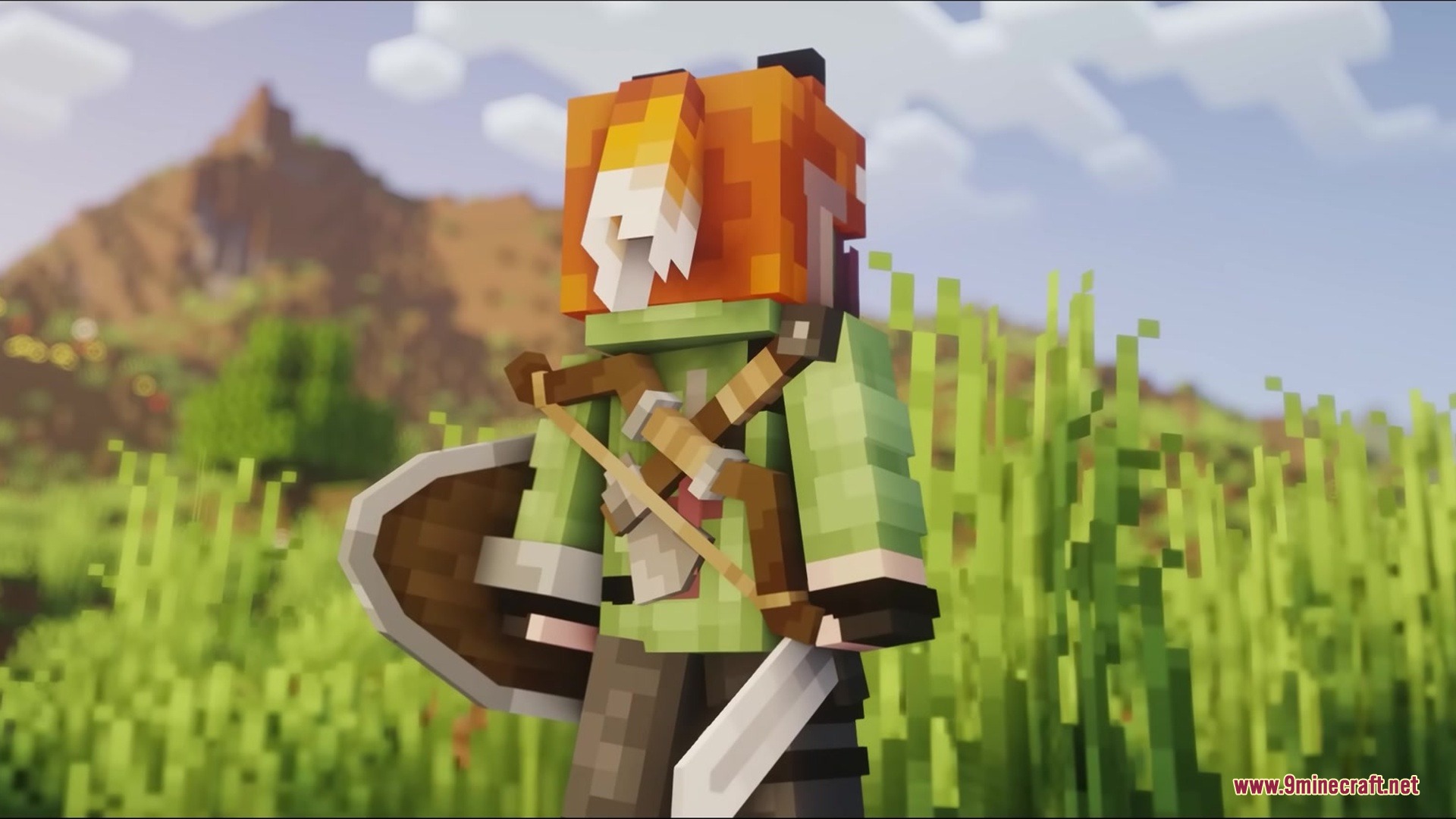 Gray's Mob Overhaul X Fresh Animations Resource Pack Screenshot 1 Minecraft character wearing a fox hat with weapons on their back