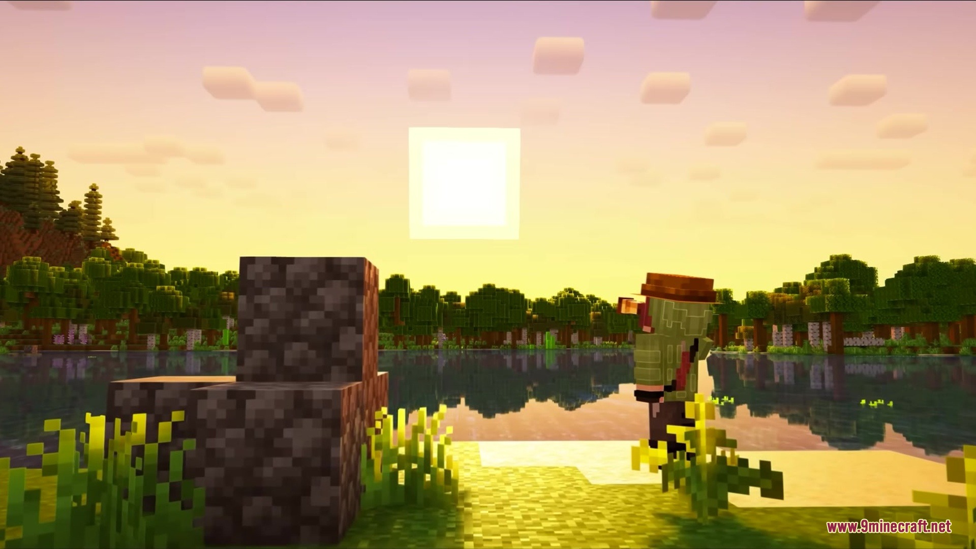Gray's Mob Overhaul X Fresh Animations Resource Pack Screenshot 10 Minecraft player character standing by a calm lake during a golden sunset