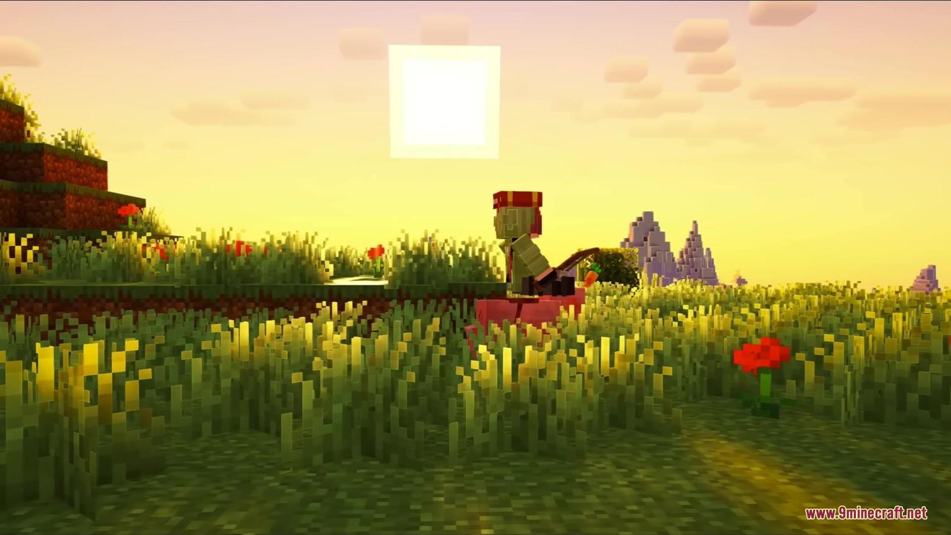 Gray's Mob Overhaul X Fresh Animations Resource Pack Screenshot 11 A villager riding a pig with a carrot on a stick at sunset
