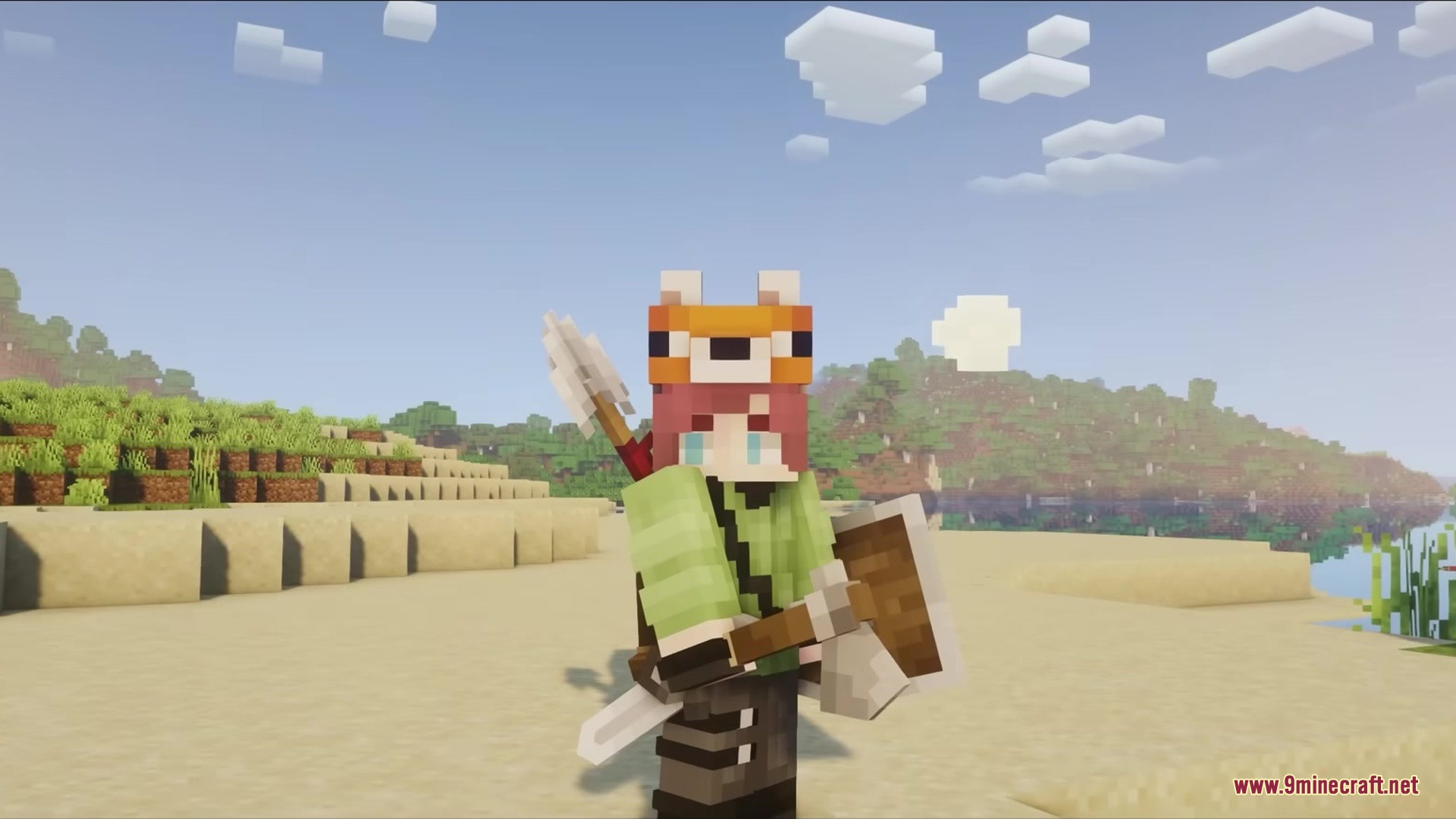 Gray's Mob Overhaul X Fresh Animations Resource Pack Screenshot 3 Minecraft character with a fox hat and tools standing on a beach