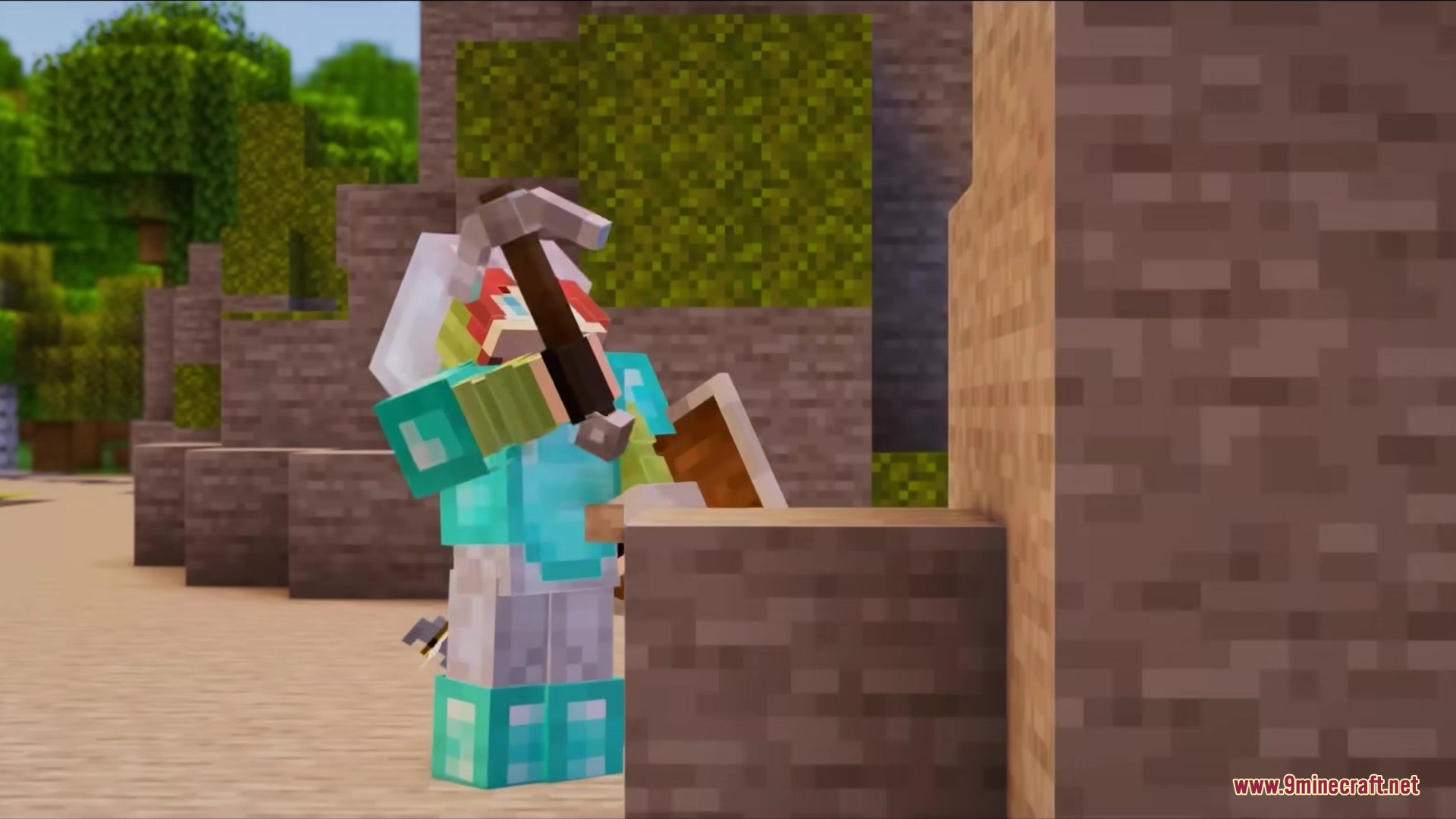 Gray's Mob Overhaul X Fresh Animations Resource Pack Screenshot 4 Minecraft character wearing diamond armor mining stone blocks with a pickaxe