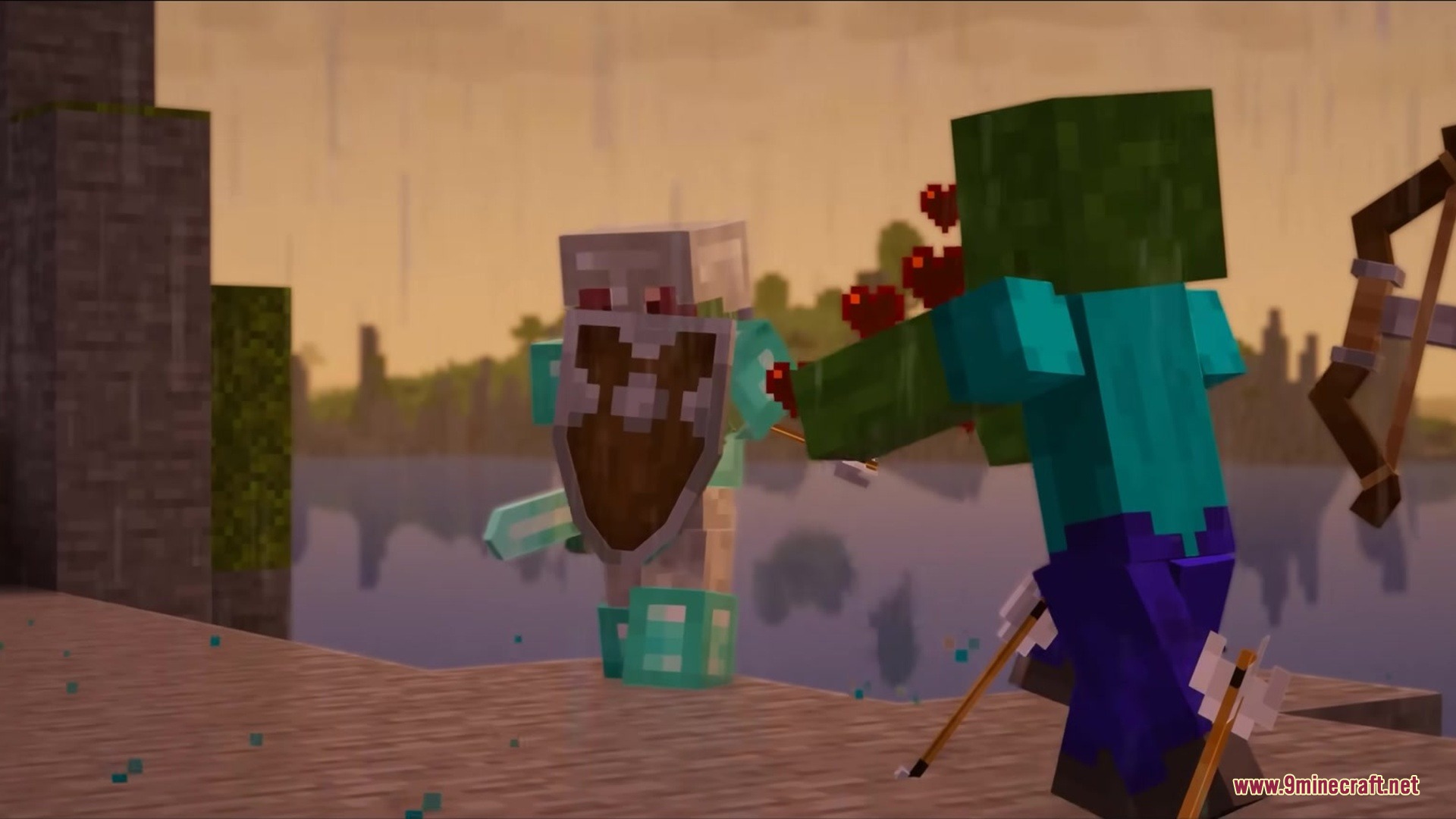 Gray's Mob Overhaul X Fresh Animations Resource Pack Screenshot 5 Zombie attacking a custom mob with a shield during a rainy sunset