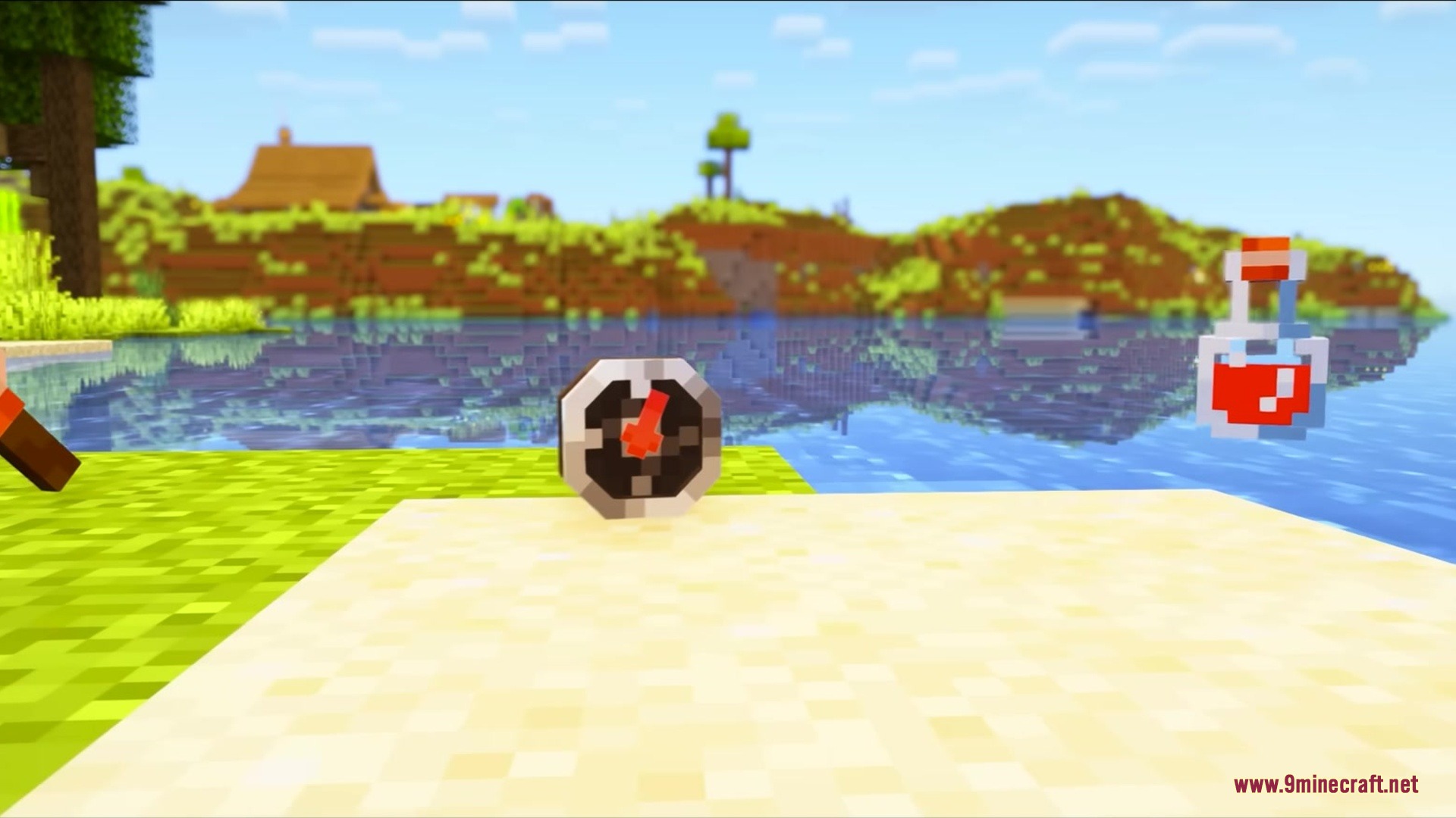 Gray's Mob Overhaul X Fresh Animations Resource Pack Screenshot 6 A compass and a red potion floating above a sandy beach near water