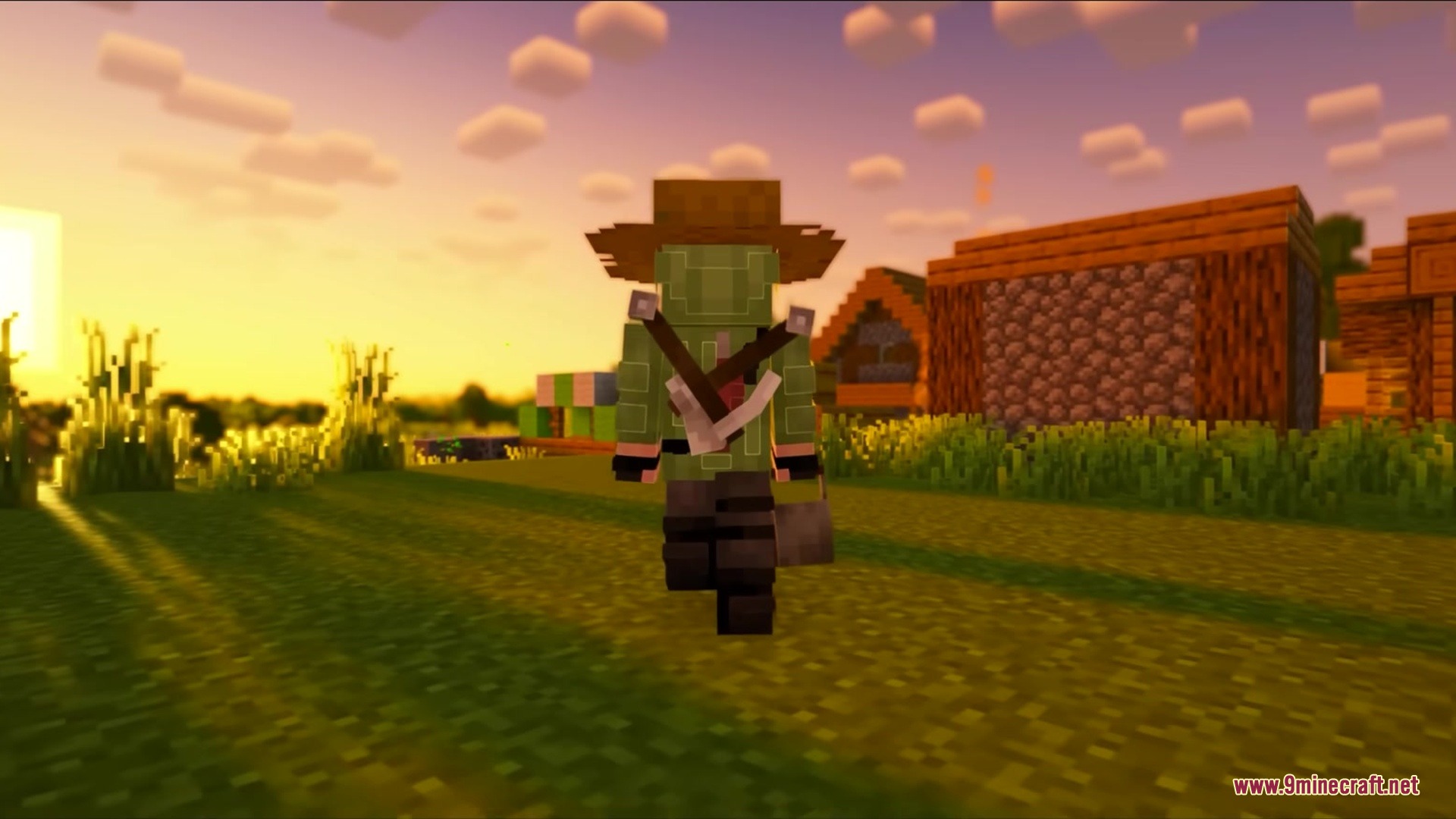 Gray's Mob Overhaul X Fresh Animations Resource Pack Screenshot 7 A Minecraft character wearing a brown hat walks through a village at sunset