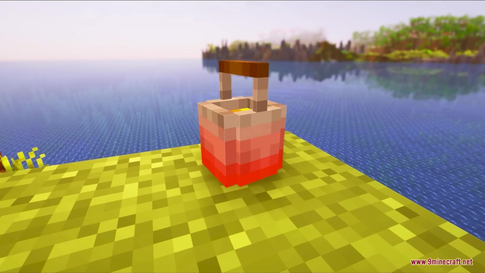 Gray's Mob Overhaul X Fresh Animations Resource Pack Screenshot 8 A custom red and white bucket sits on the grass near the water