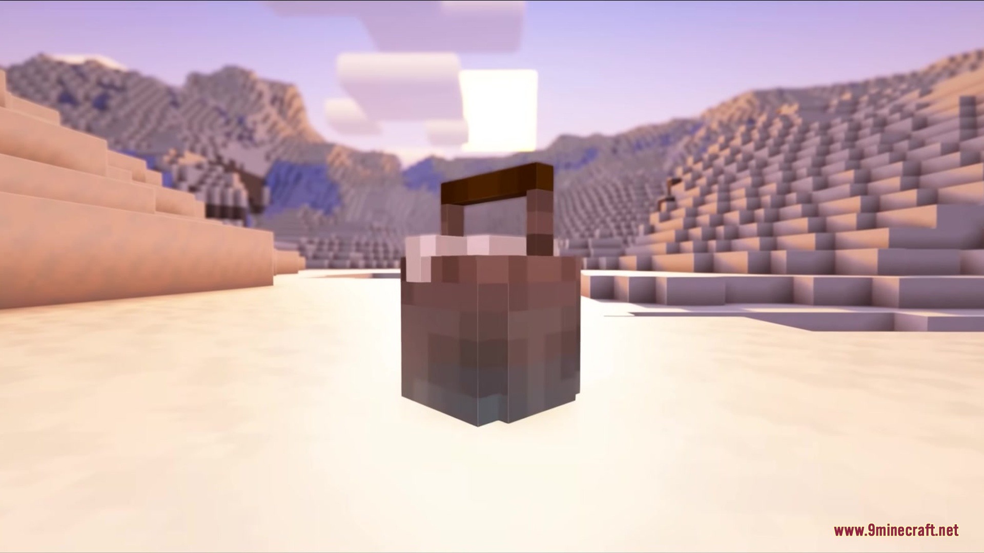 Gray's Mob Overhaul X Fresh Animations Resource Pack Screenshot 9 A detailed bucket model sitting on the sand in a desert at sunset