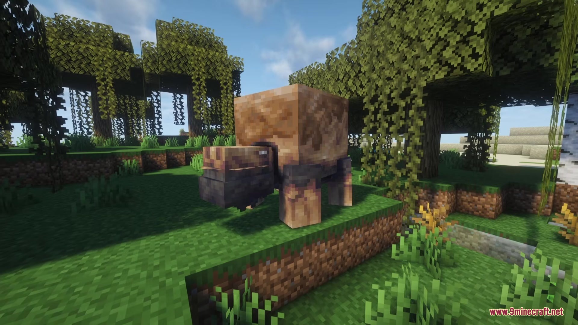 Gritshell Mod Screenshot 2 The Gritshell boss standing on a grassy hill in a swamp biome