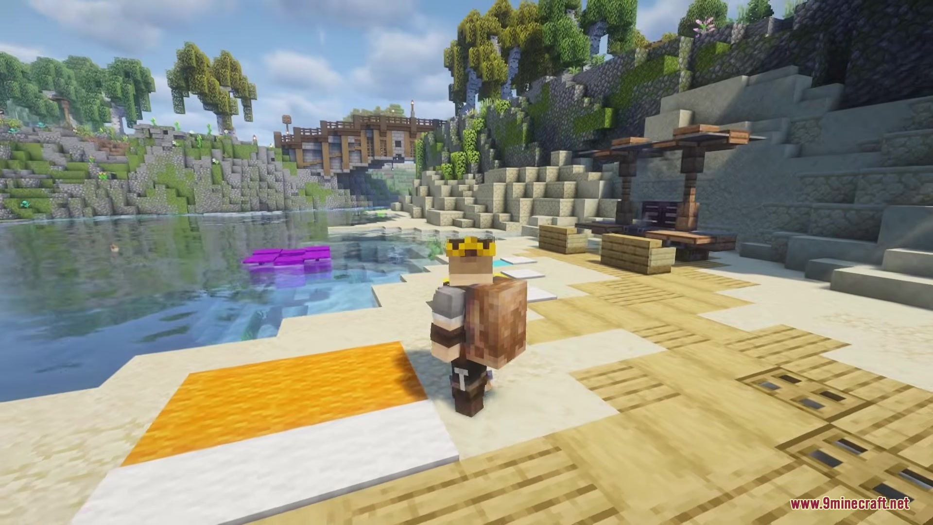 Gritshell Mod Screenshot 4 Minecraft player wearing a protective shell armor looking at a wooden bridge