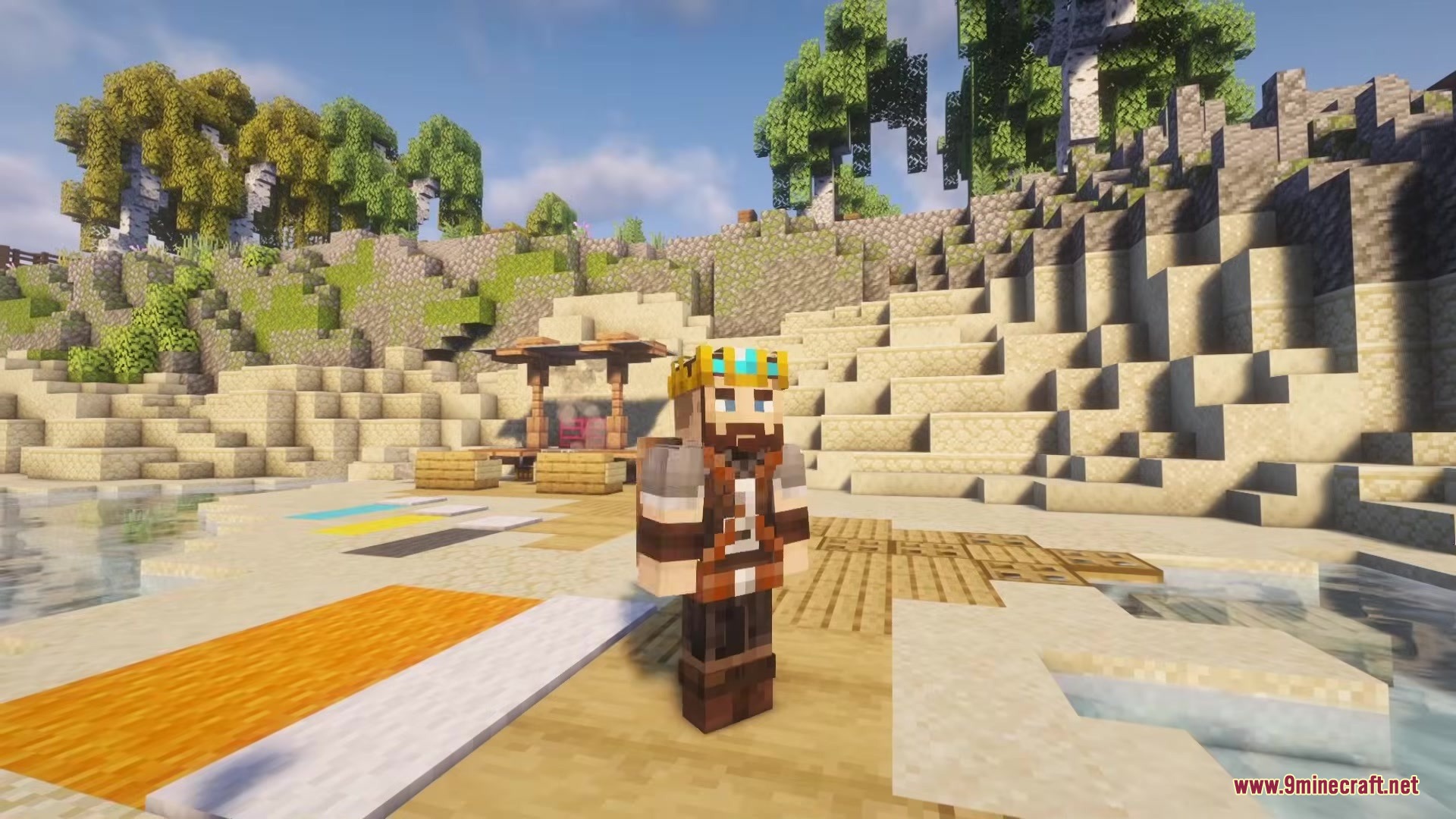 Gritshell Mod Screenshot 5 A Minecraft player wearing a crown and leather armor stands on a beach