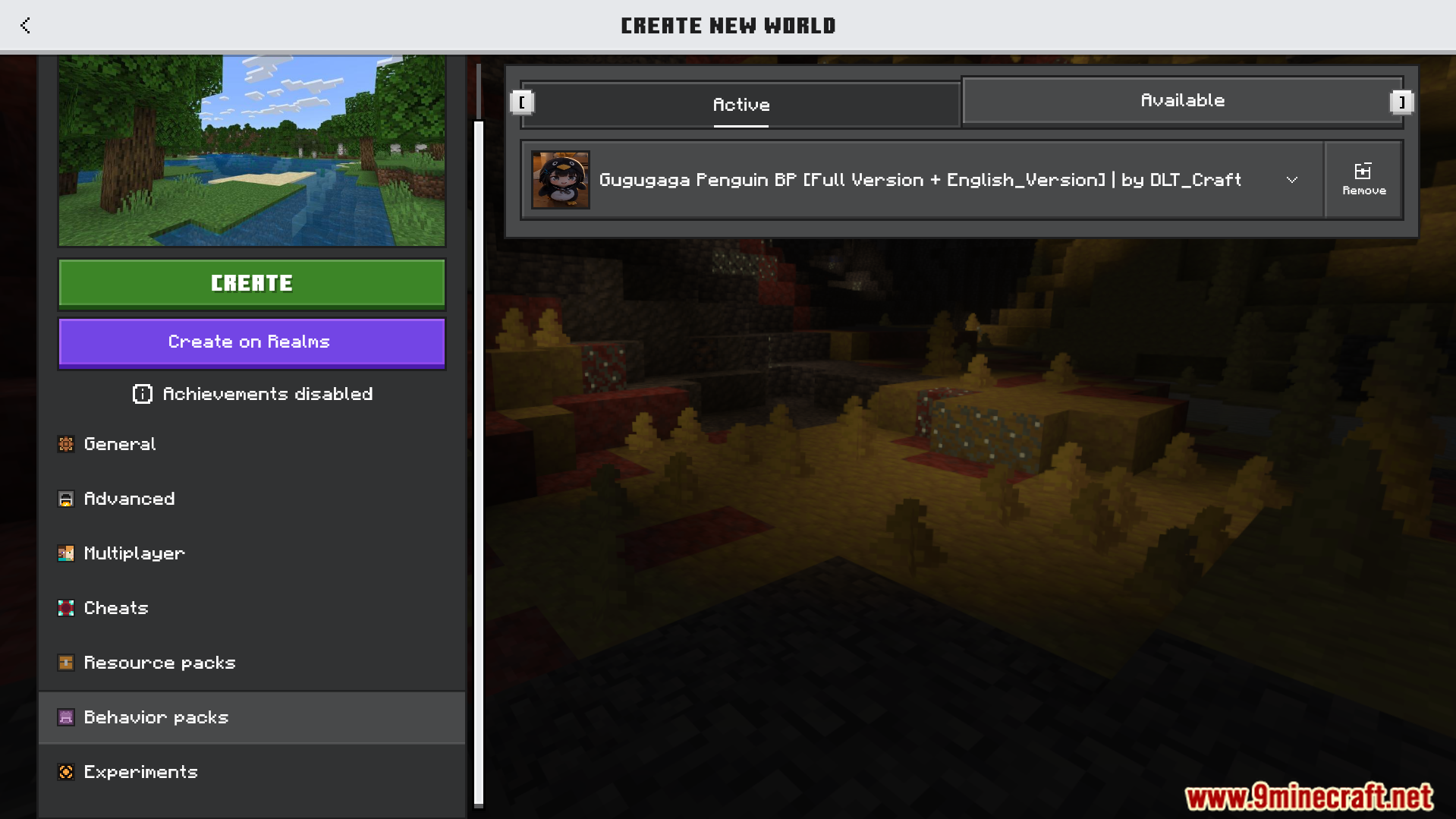 Gugugaga Addon Screenshot 1 Minecraft world creation menu showing the active behavior pack for penguins