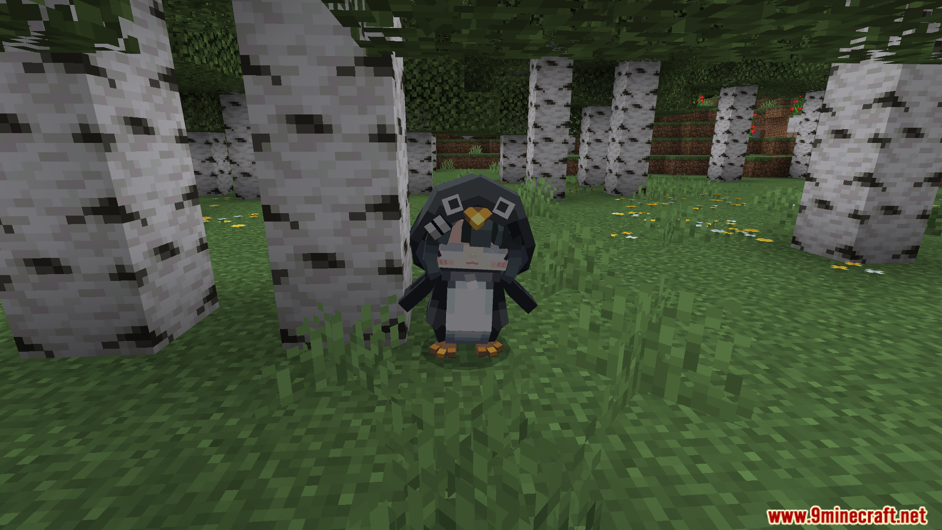 Gugugaga Addon Screenshot 3 A cute penguin character from the Gugugaga Addon standing in a birch forest