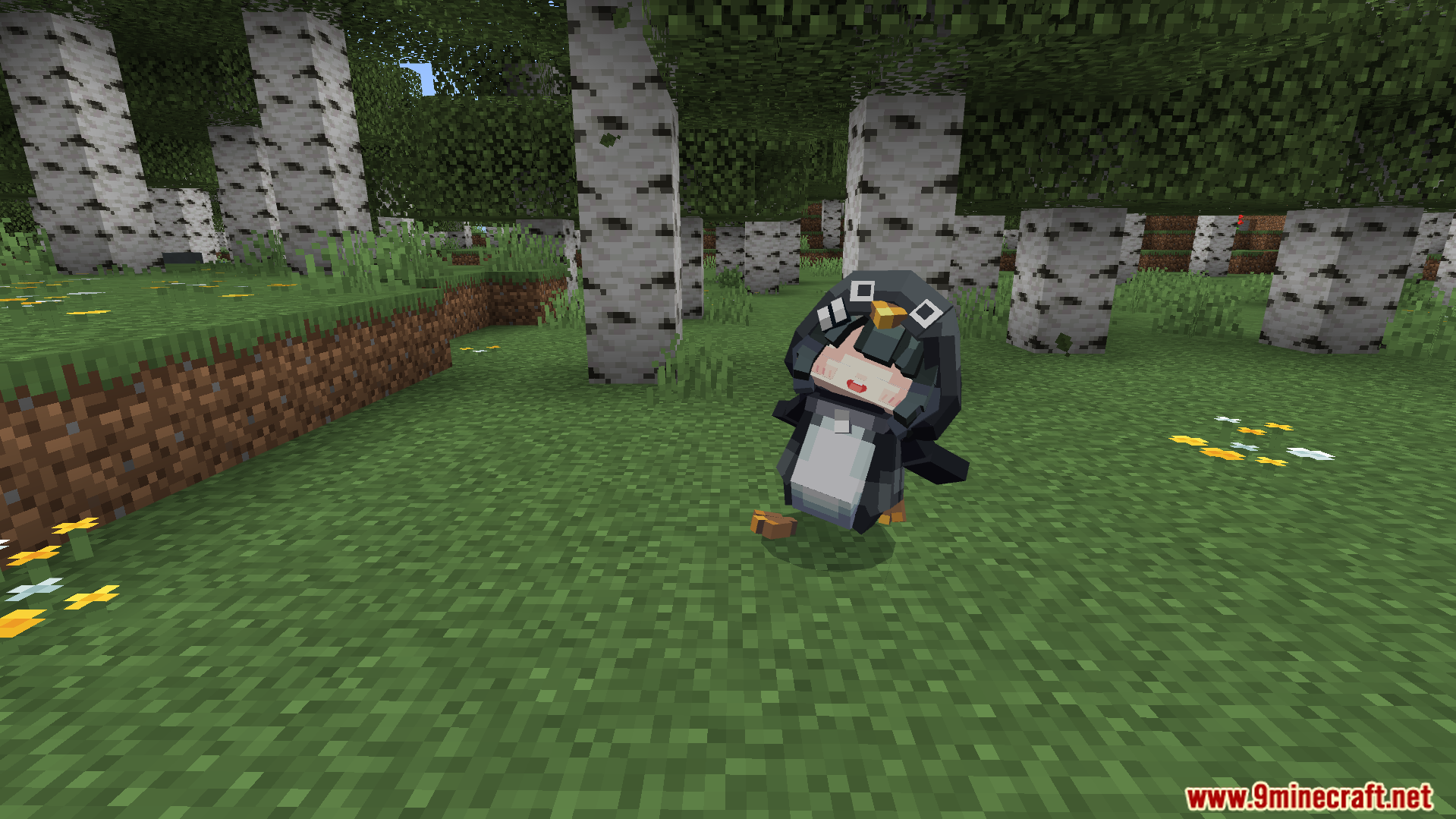 Gugugaga Addon Screenshot 4 The small penguin mob with a human face sitting down on the grass