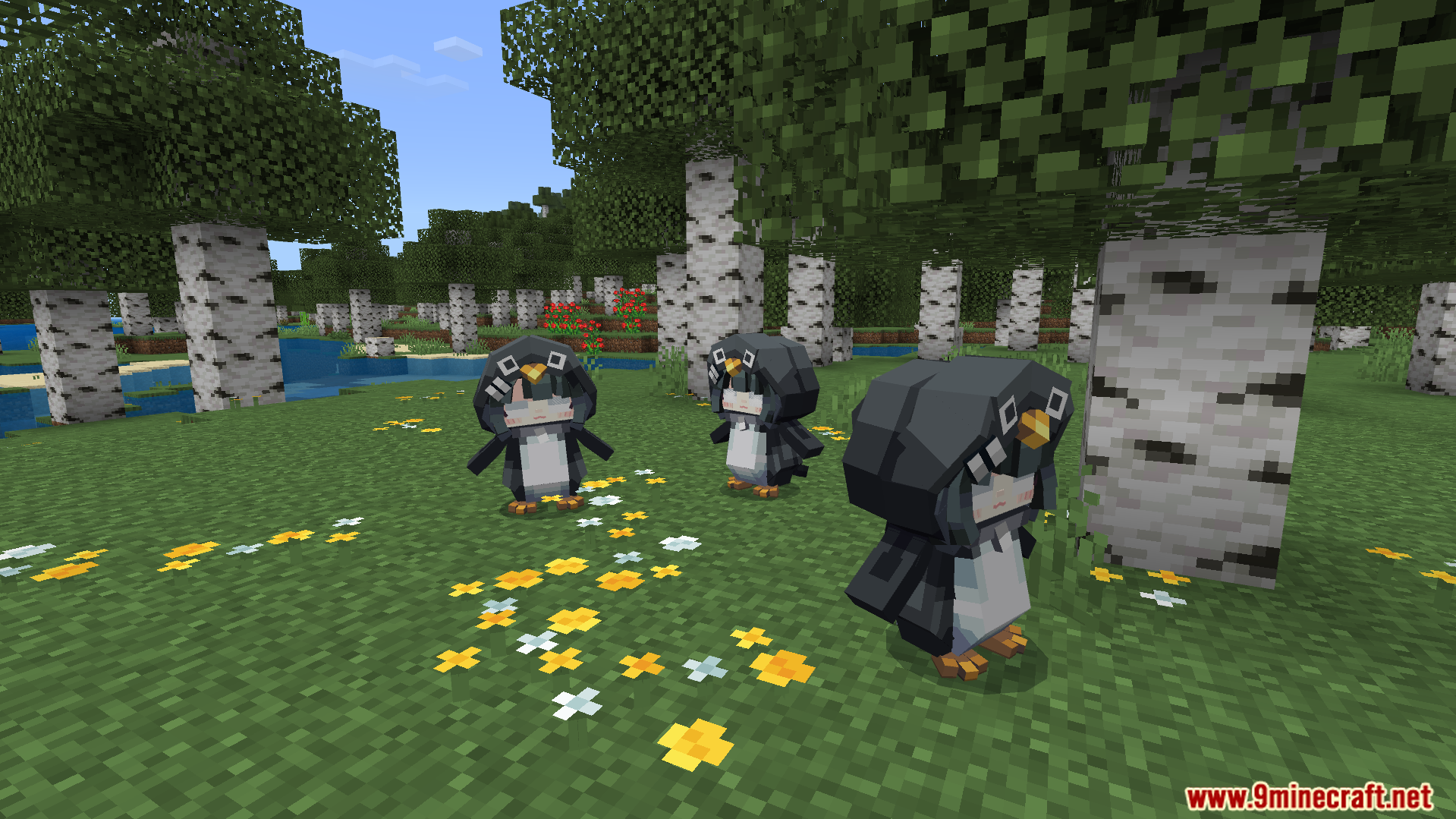 Gugugaga Addon Screenshot 5 Three cute penguin mobs with anime faces standing in a birch forest