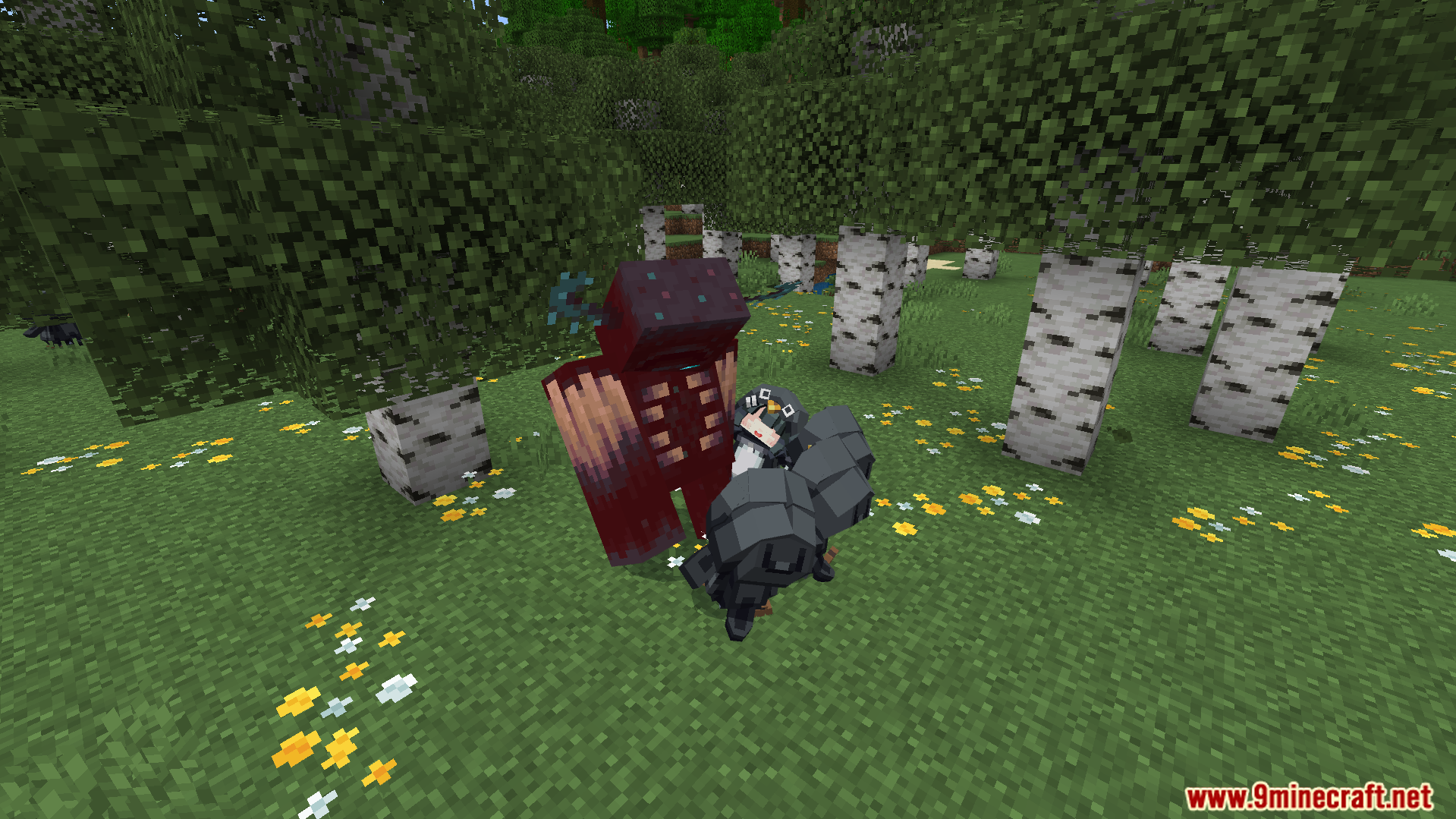Gugugaga Addon Screenshot 6 A small penguin mob attacking a large red creature in the woods
