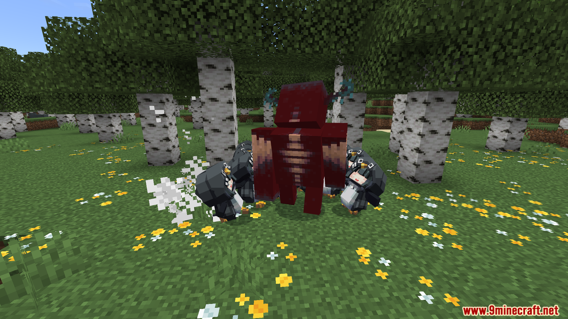 Gugugaga Addon Screenshot 7 Small penguins gather around a large red Warden mob in a birch forest