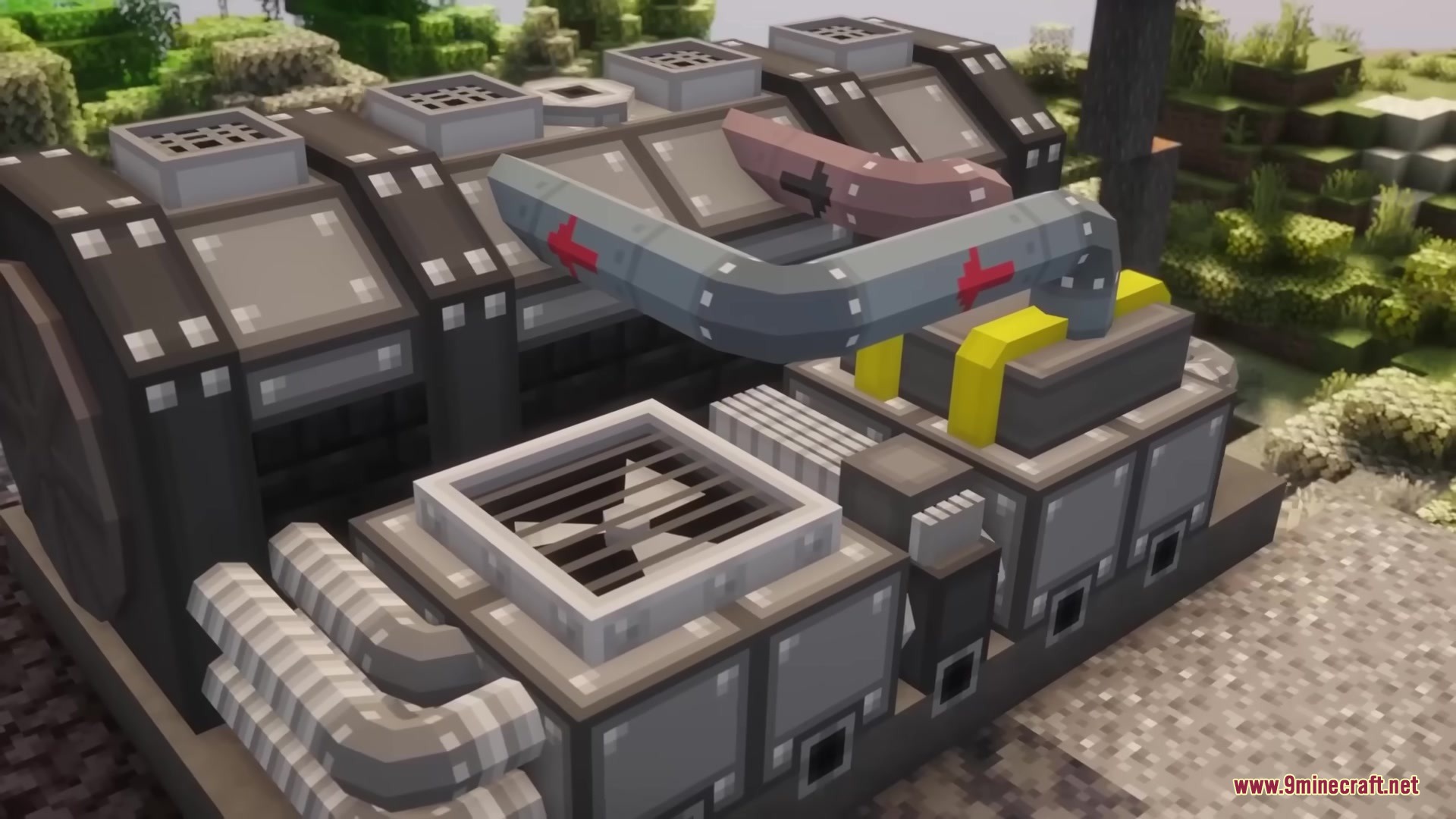 Close up of complex industrial machinery with cooling fans and metal pipes