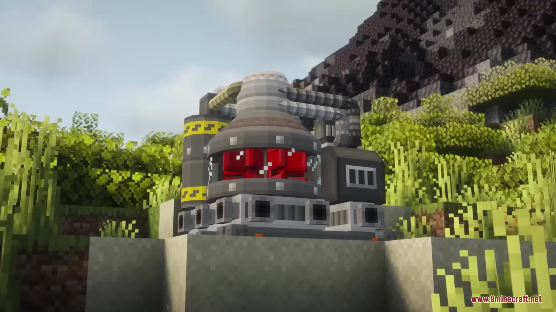 A complex industrial nuclear machine with pipes and a glowing red core