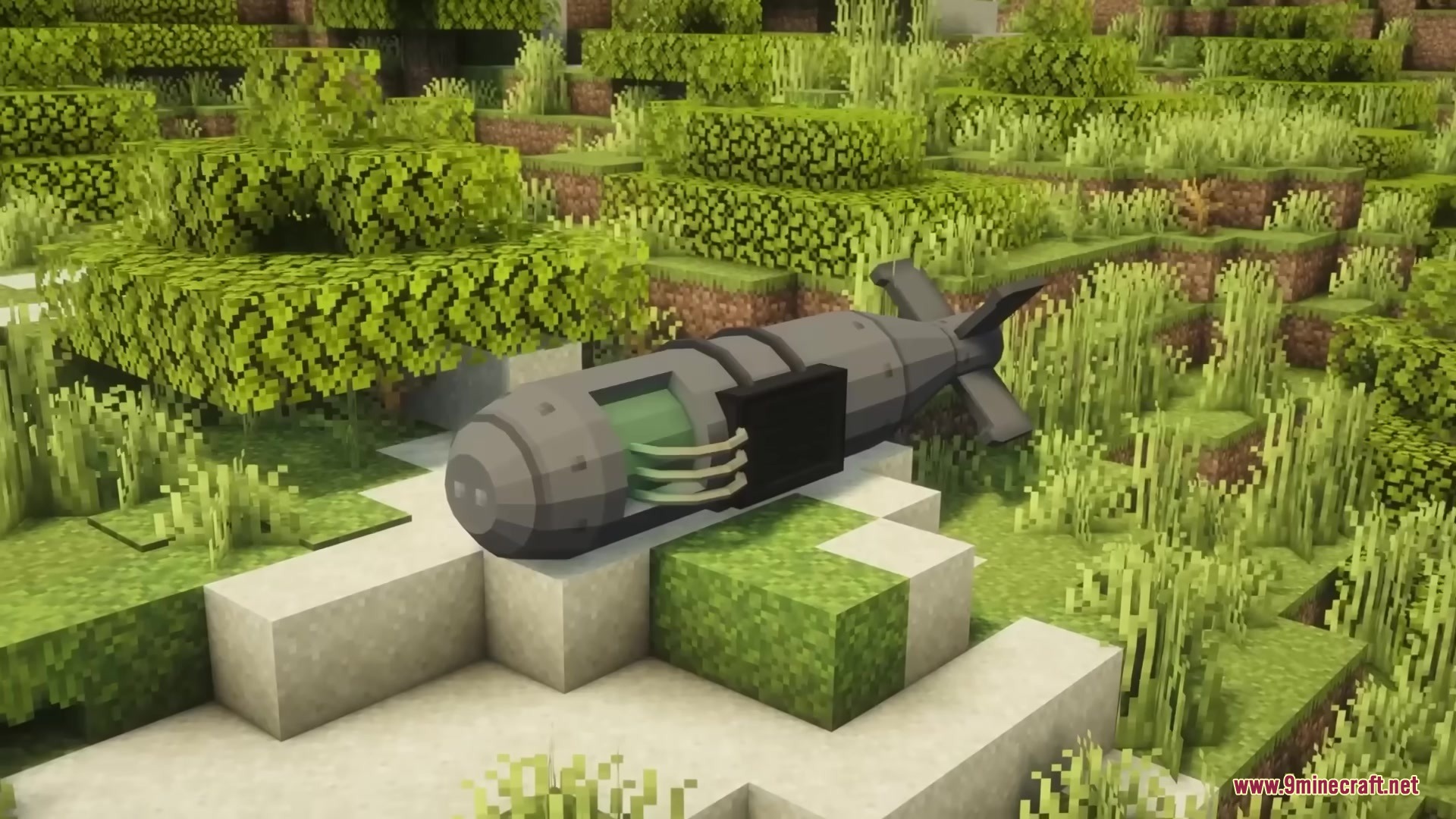 A large nuclear bomb with green glowing parts resting on the ground