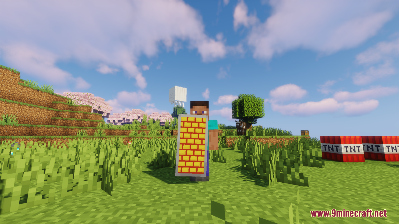 A player holding a shield with a high resolution brick pattern design