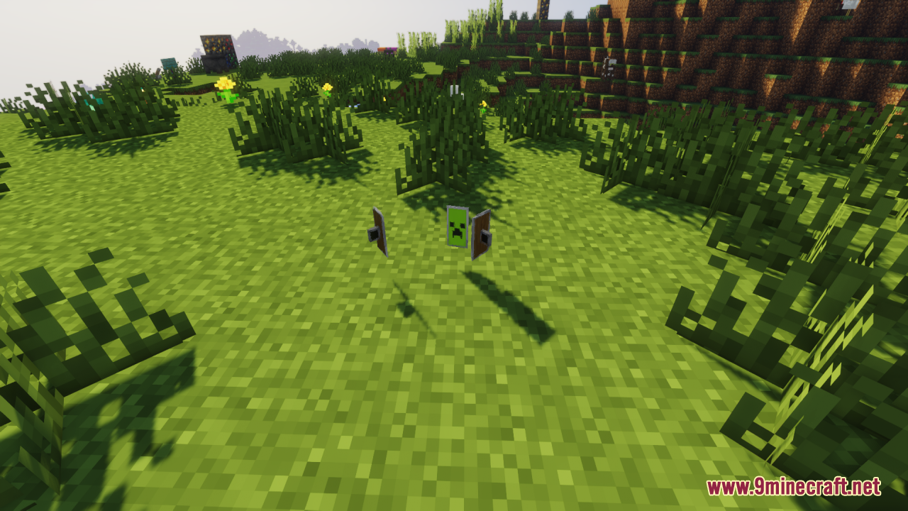 Three shields featuring sharp high resolution patterns floating in a grassy field