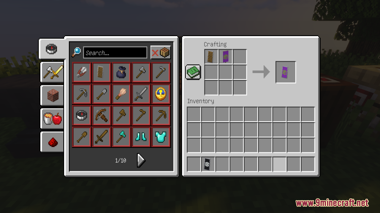 Crafting a shield with a high resolution purple banner pattern in Minecraft