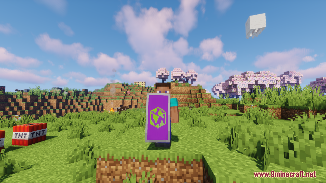A Minecraft player holding a purple shield with a green globe pattern