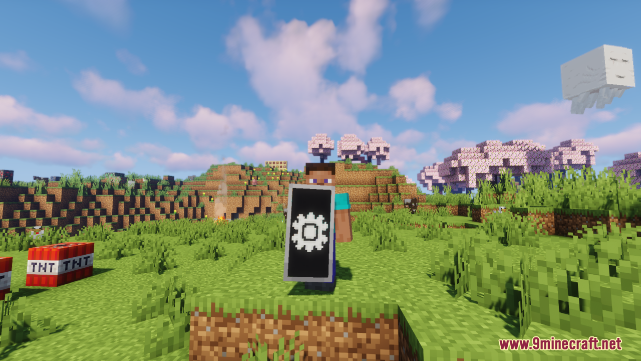 A Minecraft player holding a black shield with a white gear pattern