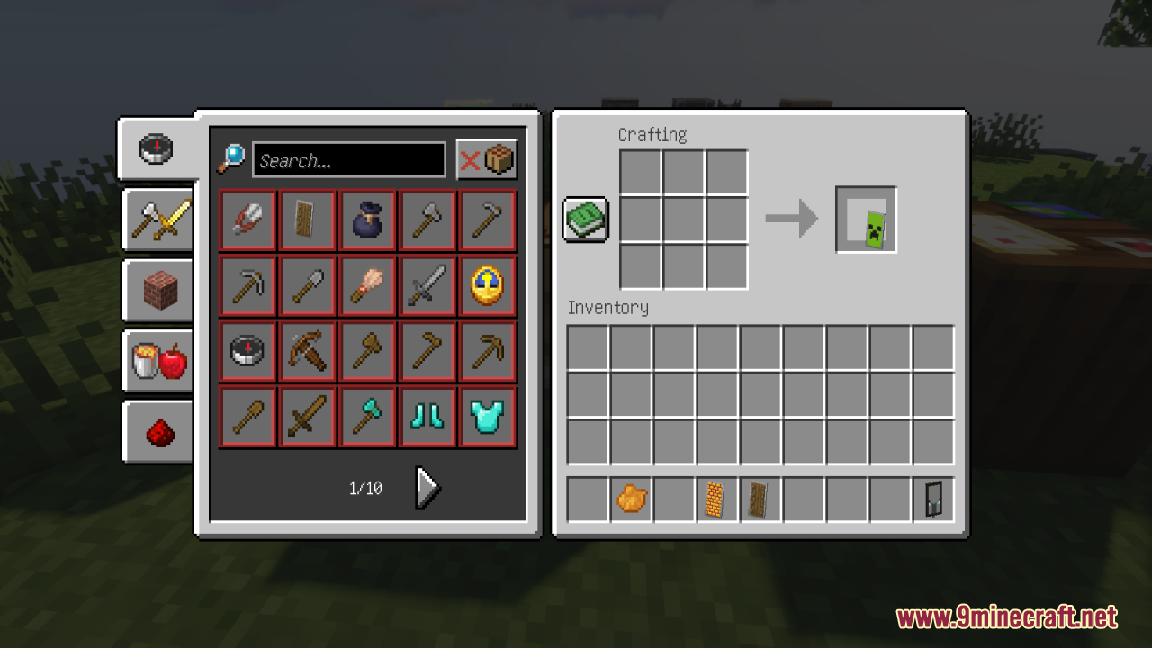 A shield with a sharp creeper face pattern in the crafting output
