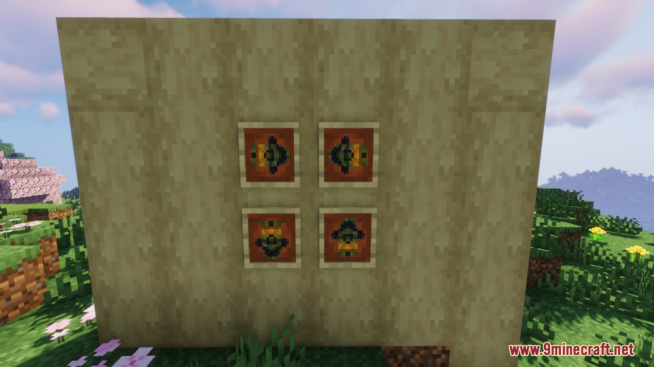 Four different Halo inspired totem designs displayed in item frames on a wall