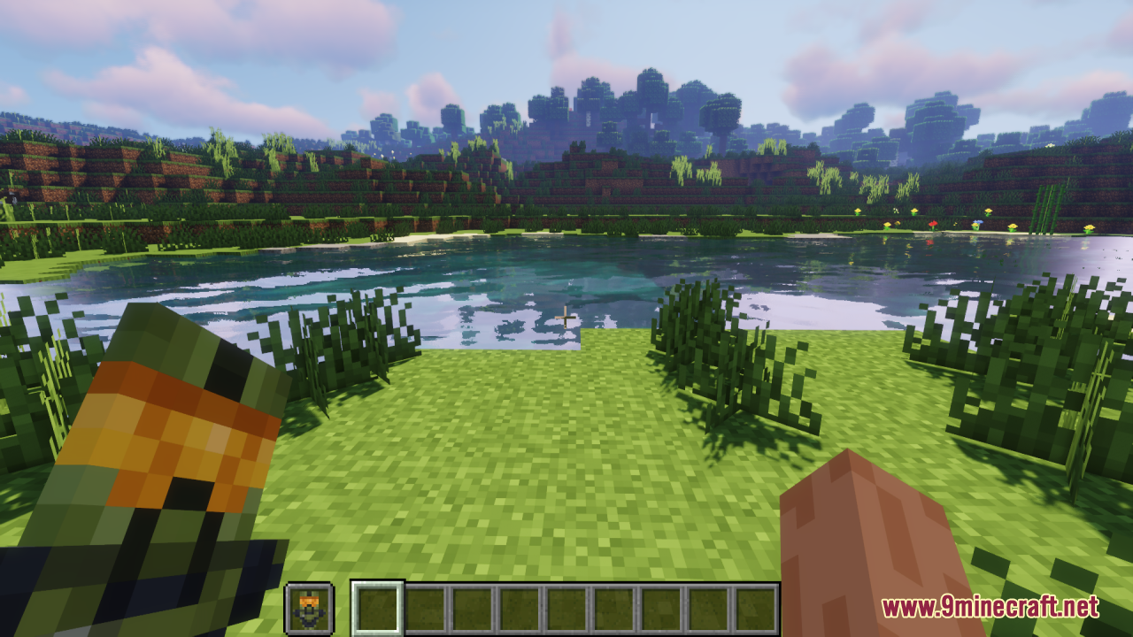 First person view of a player holding a Master Chief totem item