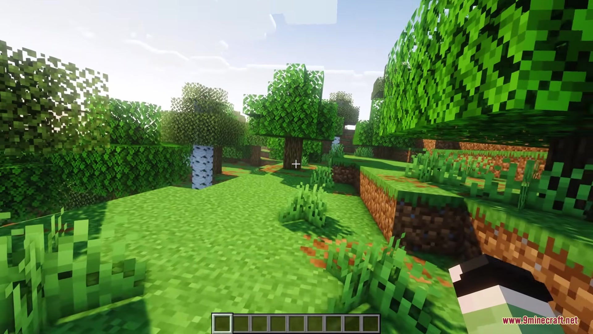 The camera tilts naturally while the player walks through a sunny forest